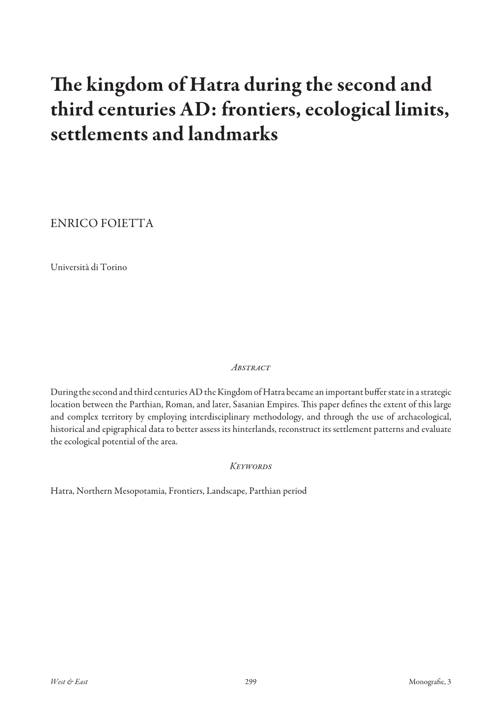 The Kingdom of Hatra During the Second and Third Centuries AD: Frontiers, Ecological Limits, Settlements and Landmarks