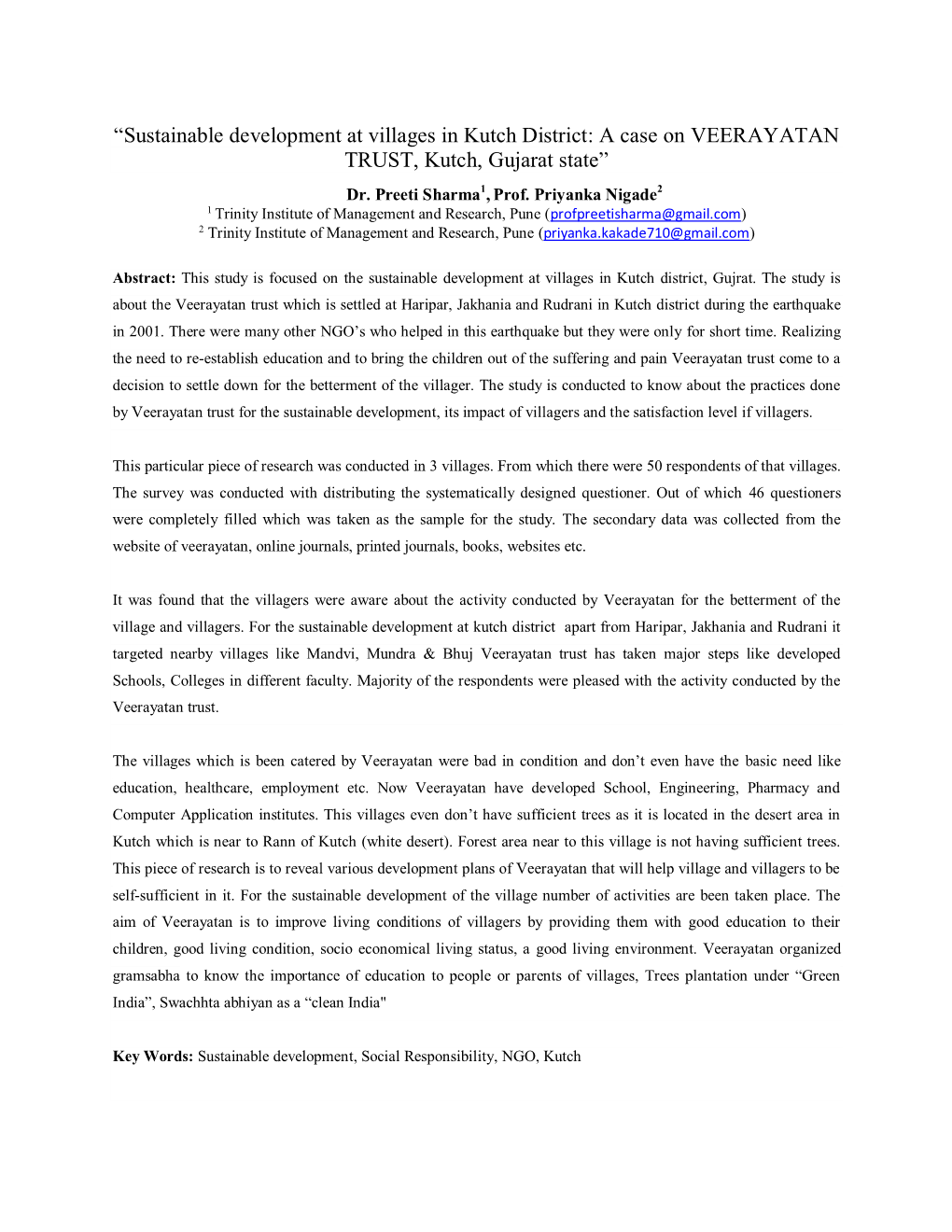 “Sustainable Development at Villages in Kutch District: a Case on VEERAYATAN TRUST, Kutch, Gujarat State” Dr