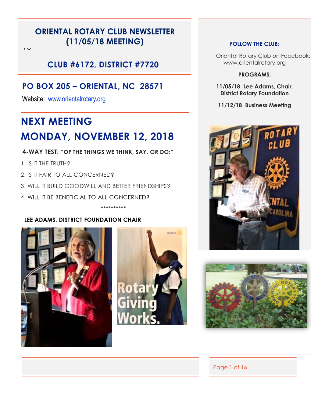 Next Meeting Monday, November 12, 2018