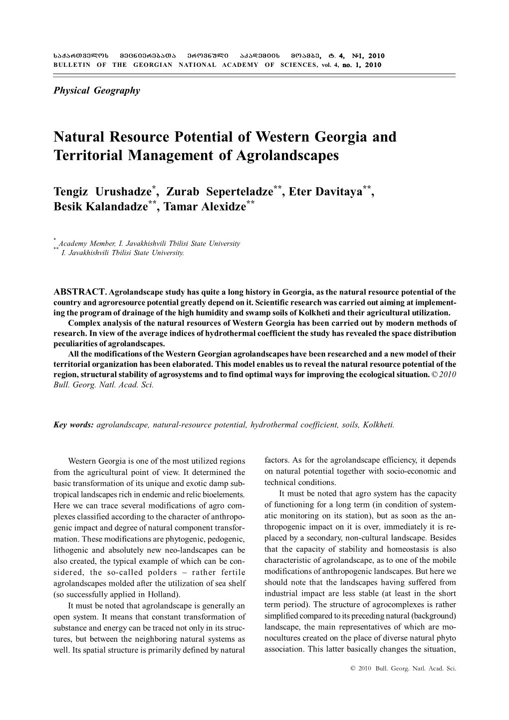 Natural Resource Potential of Western Georgia and Territorial Management of Agrolandscapes