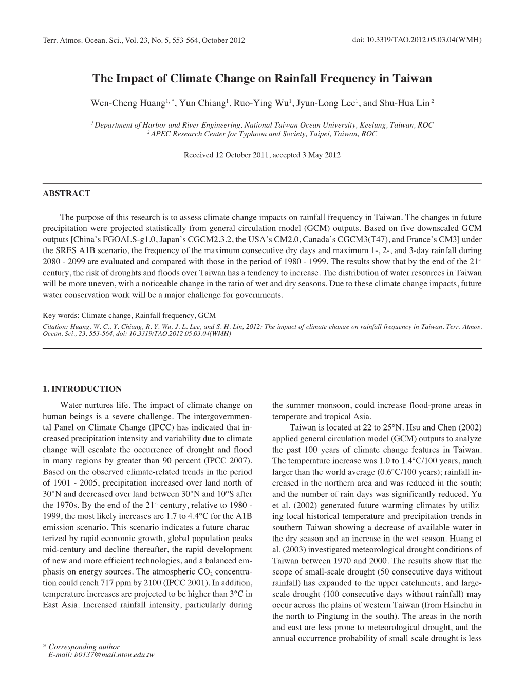 The Impact of Climate Change on Rainfall Frequency in Taiwan