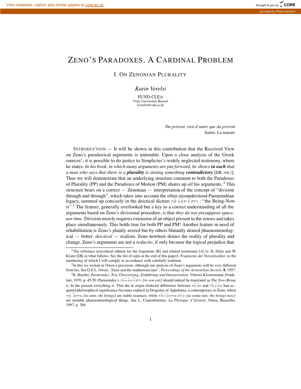 Zeno's Paradoxes.Acardinal Problem