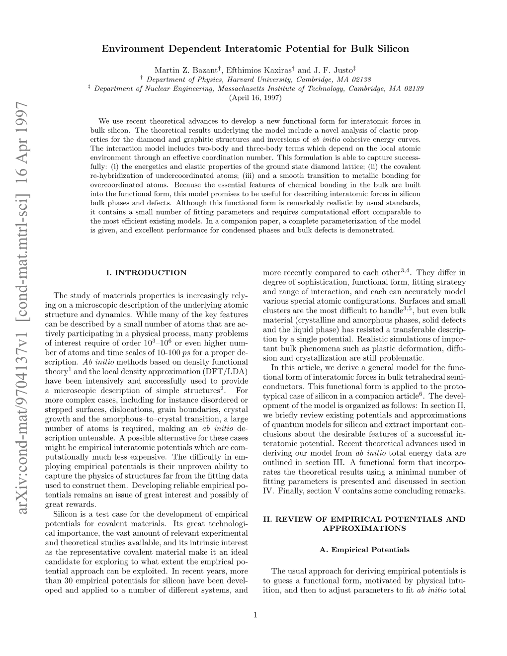 Environment Dependent Interatomic Potential for Bulk Silicon