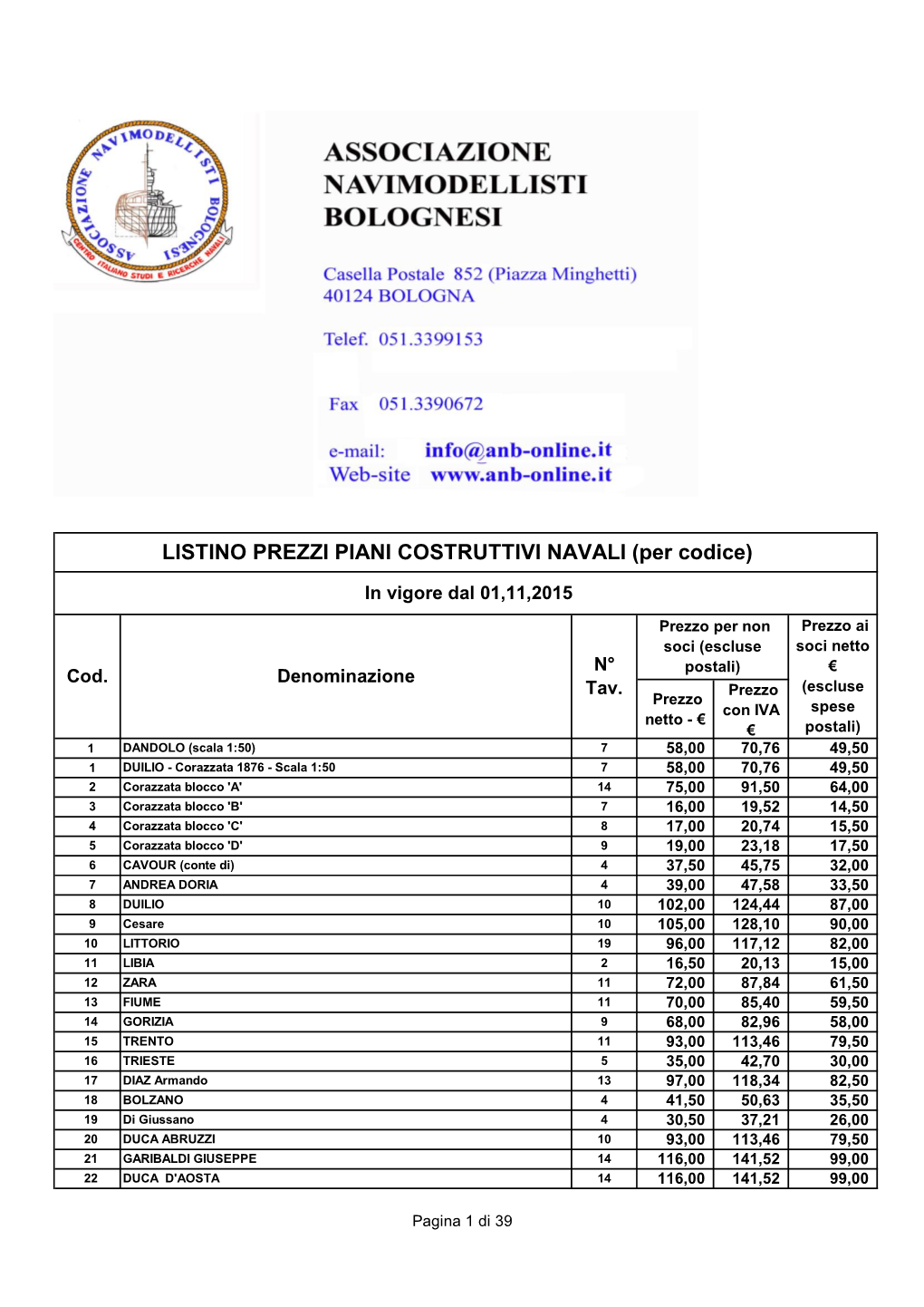 LISTINO PREZZI PIANI COSTRUTTIVI NAVALI (Per Codice)