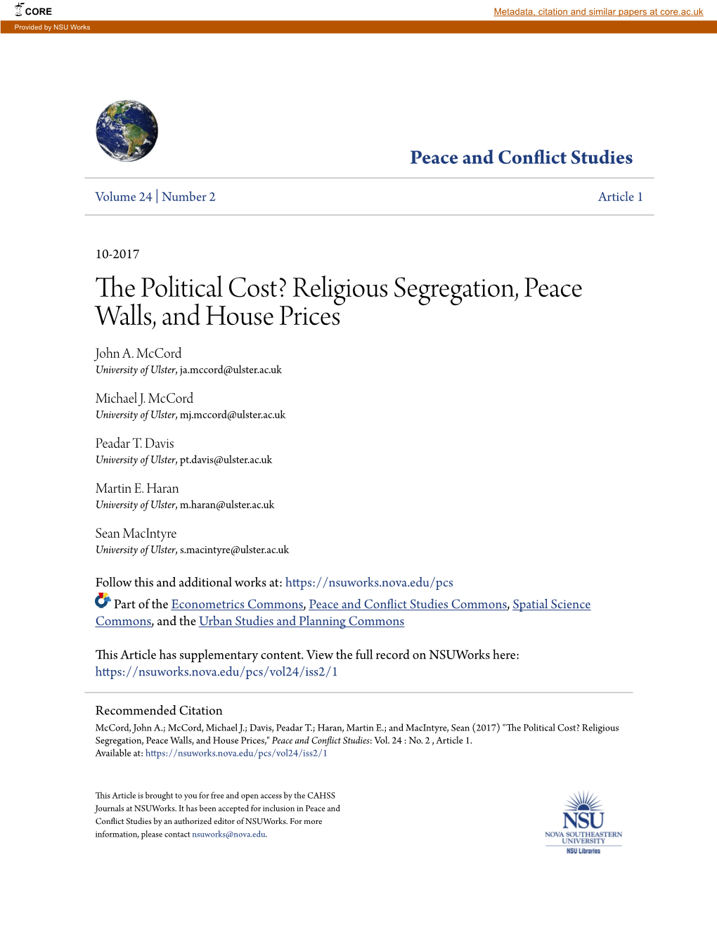 Religious Segregation, Peace Walls, and House Prices John A