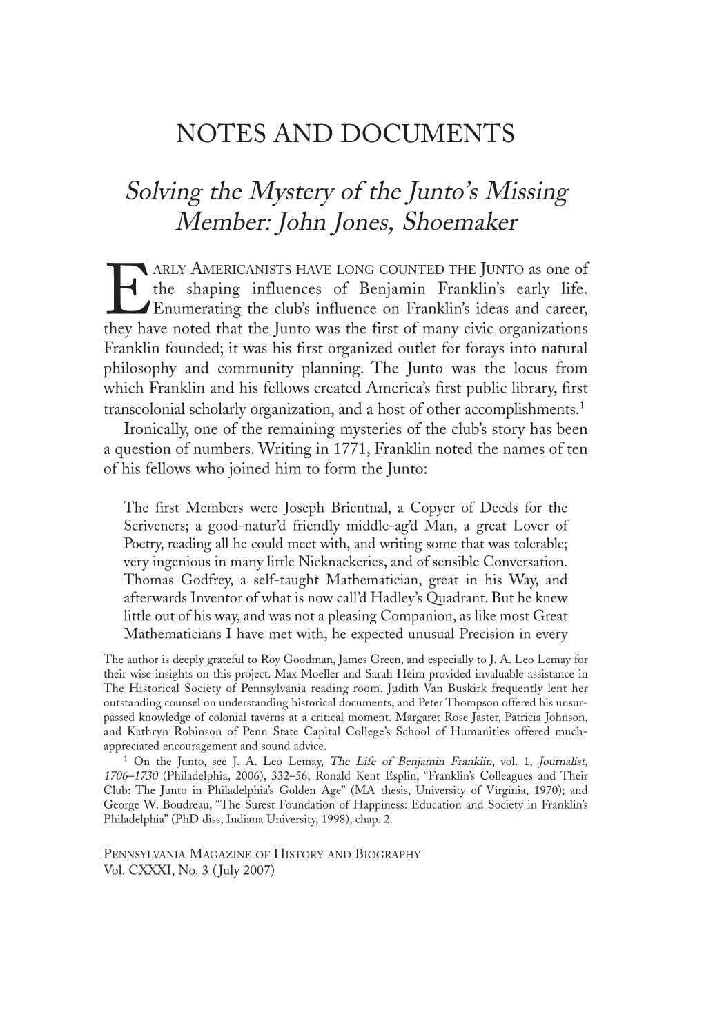 Solving the Mystery of the Junto's Missing Member: John Jones