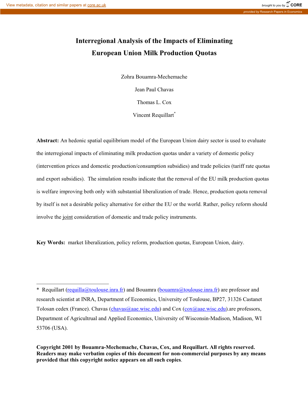 Interregional Analysis of the Impacts of Eliminating European Union Milk Production Quotas