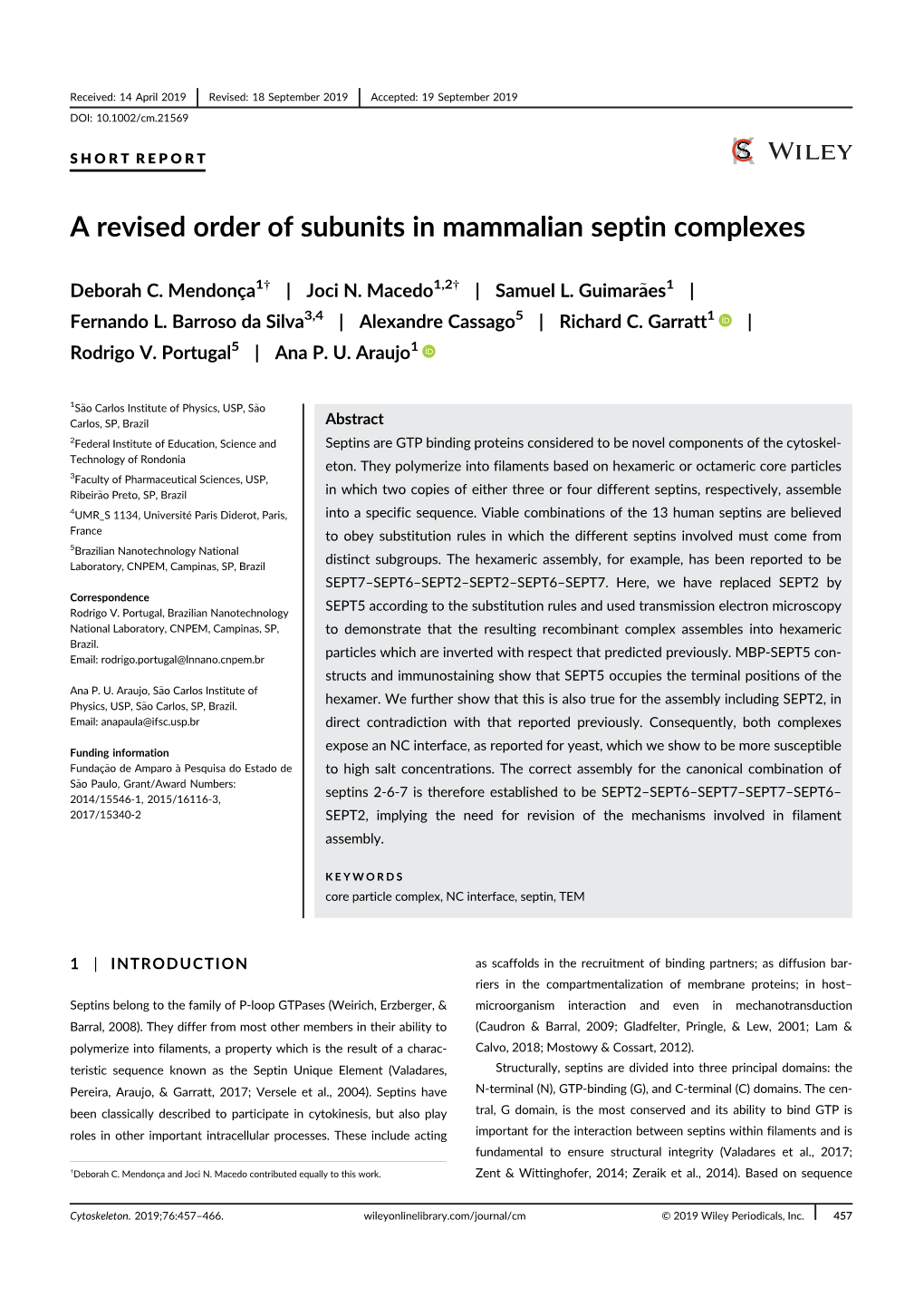 A Revised Order of Subunits in Mammalian Septin Complexes