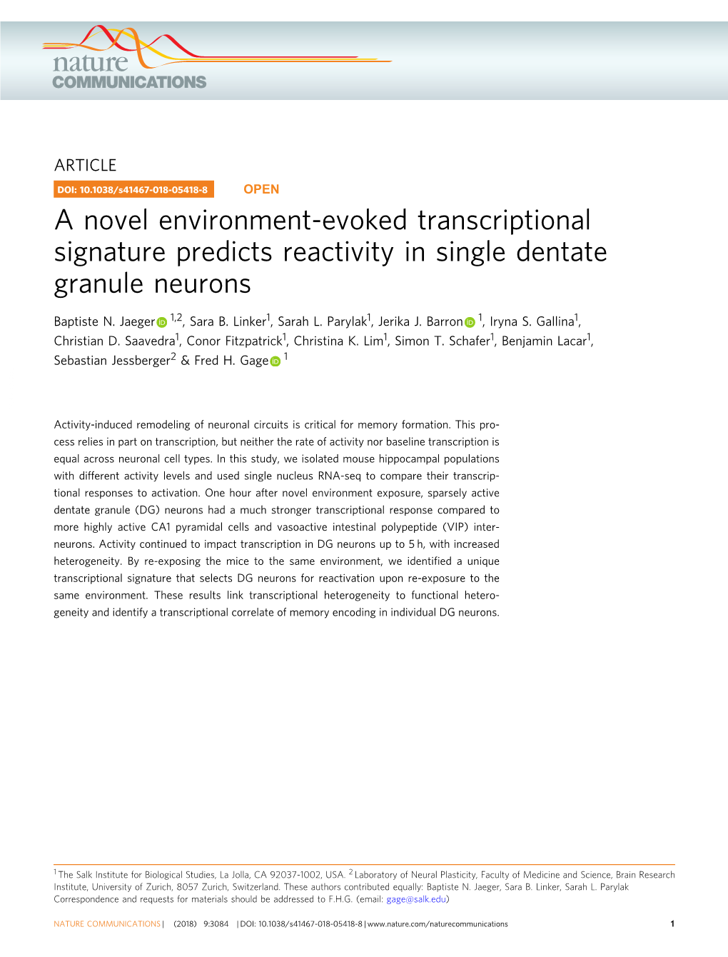 A Novel Environment-Evoked Transcriptional Signature Predicts Reactivity in Single Dentate Granule Neurons