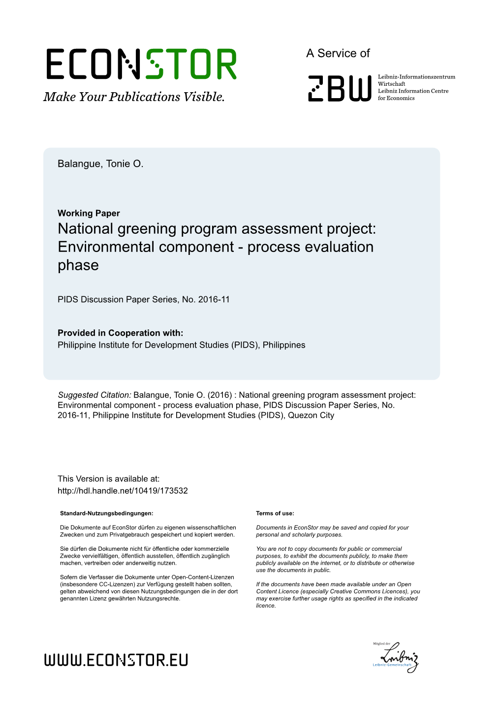 National Greening Program Assessment Project: Environmental Component - Process Evaluation Phase