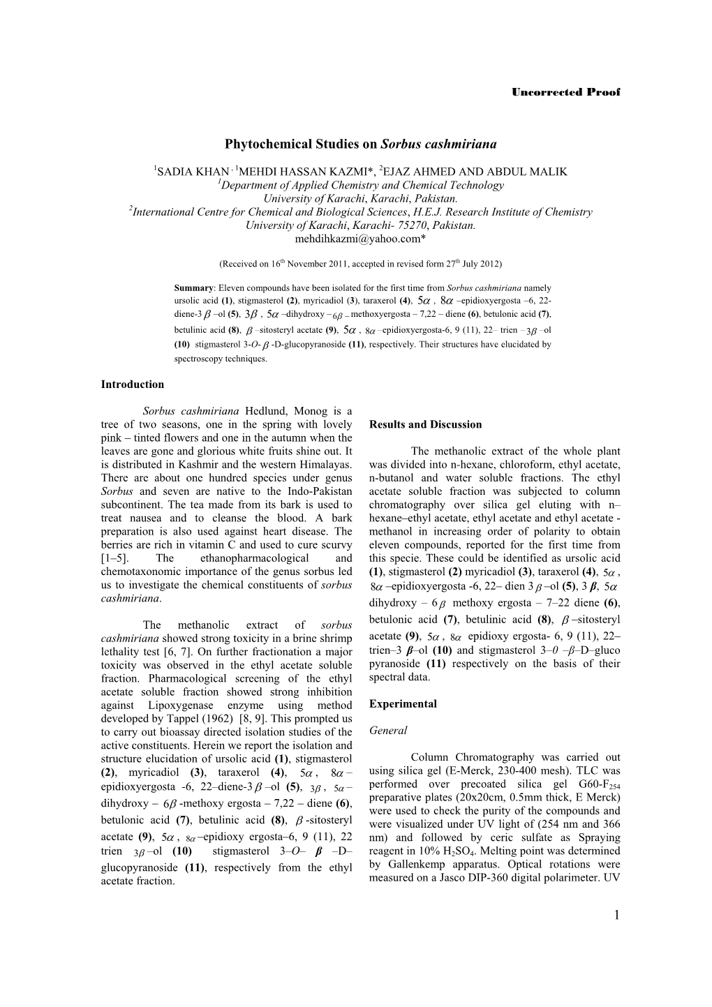 1 Phytochemical Studies on Sorbus Cashmiriana