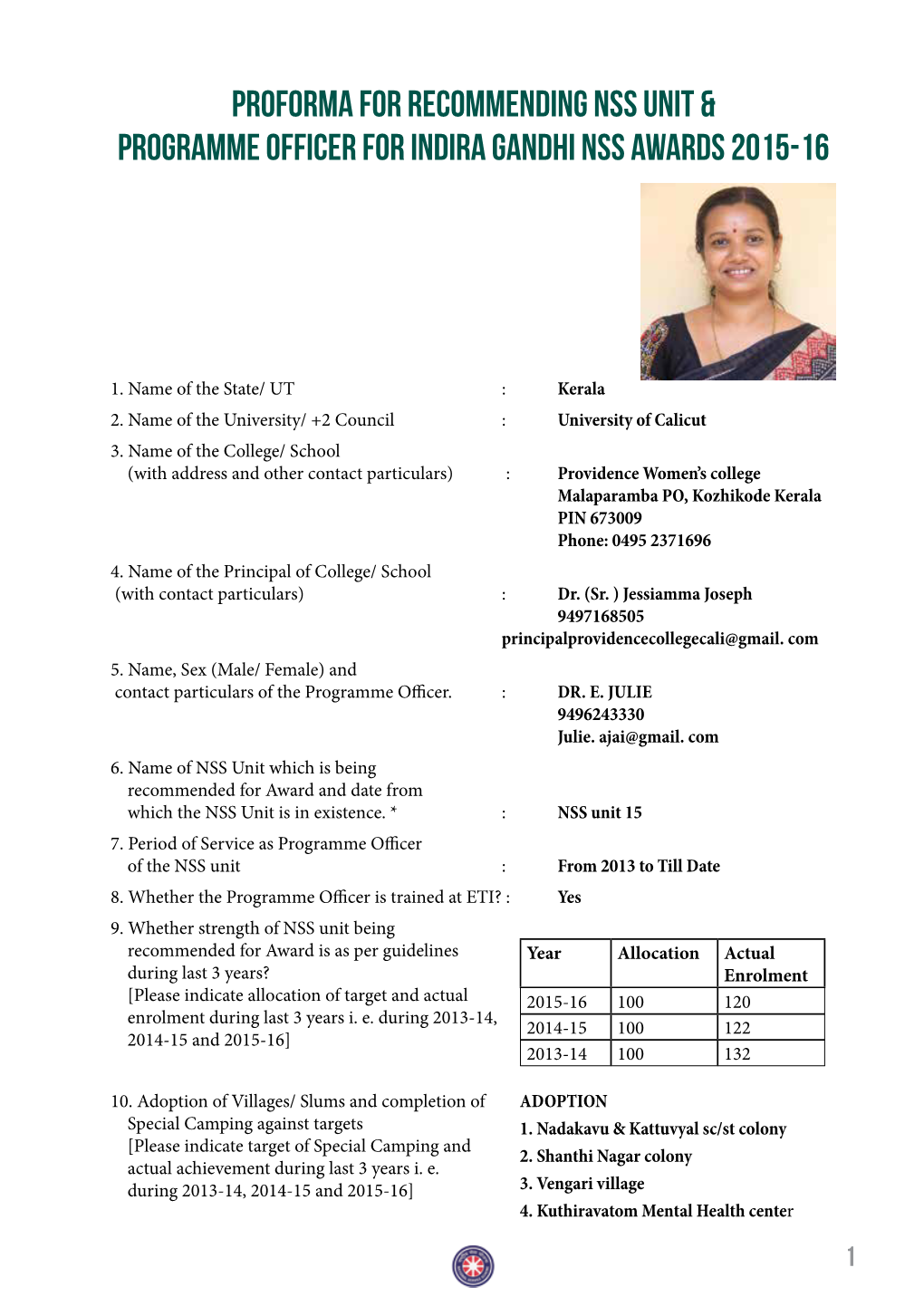 Proforma for Recommending NSS UNIT & PROGRAMME OFFICER For