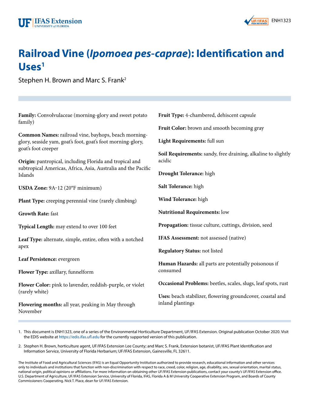 Railroad Vine (Ipomoea Pes-Caprae): Identification and Uses1 Stephen H