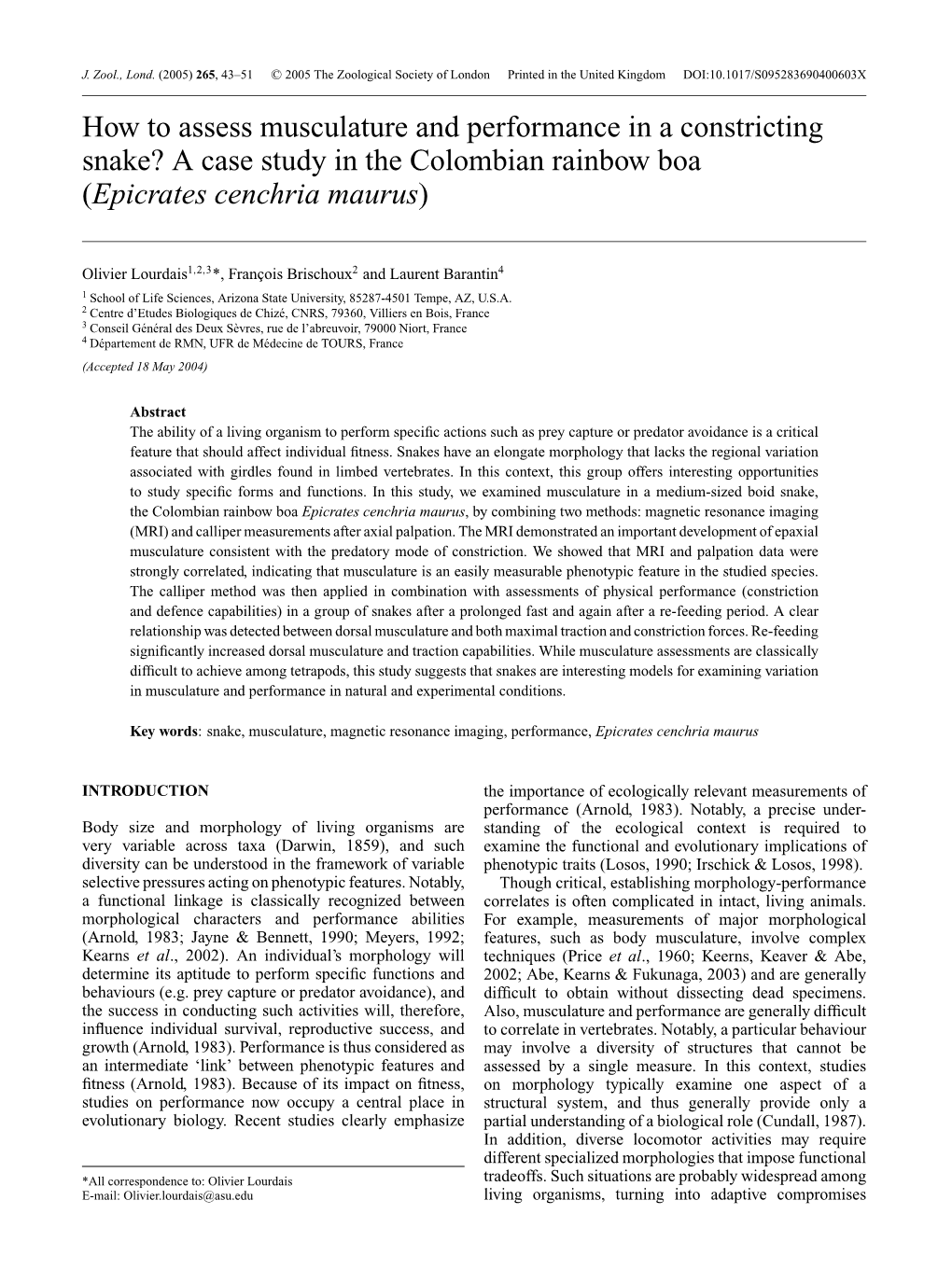 How to Assess Musculature and Performance in a Constricting Snake? a Case Study in the Colombian Rainbow Boa (Epicrates Cenchria Maurus)