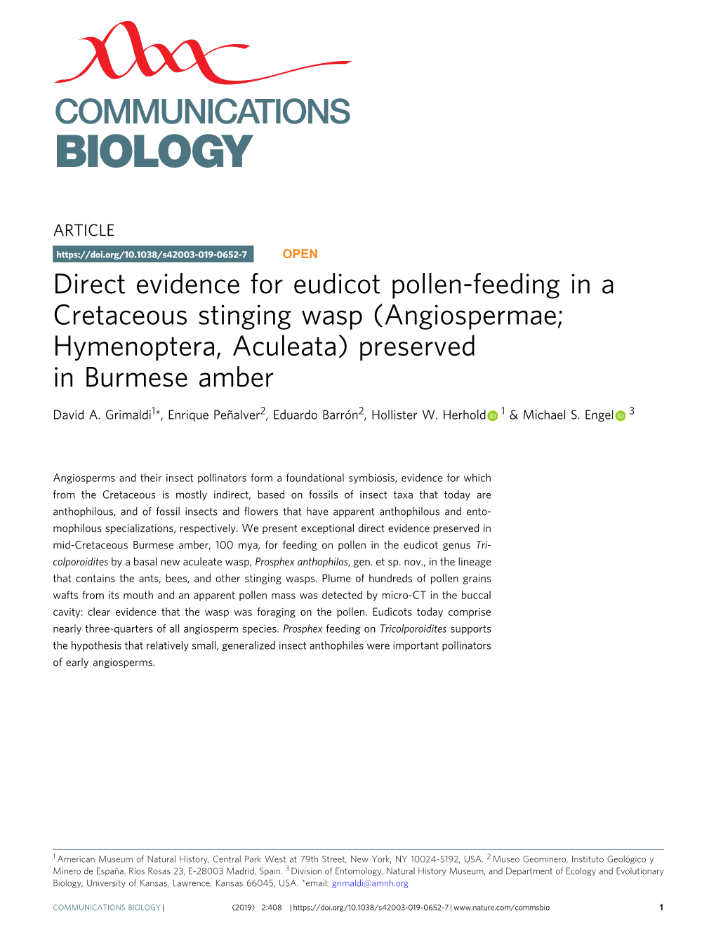 Direct Evidence for Eudicot Pollen-Feeding in a Cretaceous Stinging Wasp (Angiospermae; Hymenoptera, Aculeata) Preserved in Burmese Amber 1234567890():,; David A