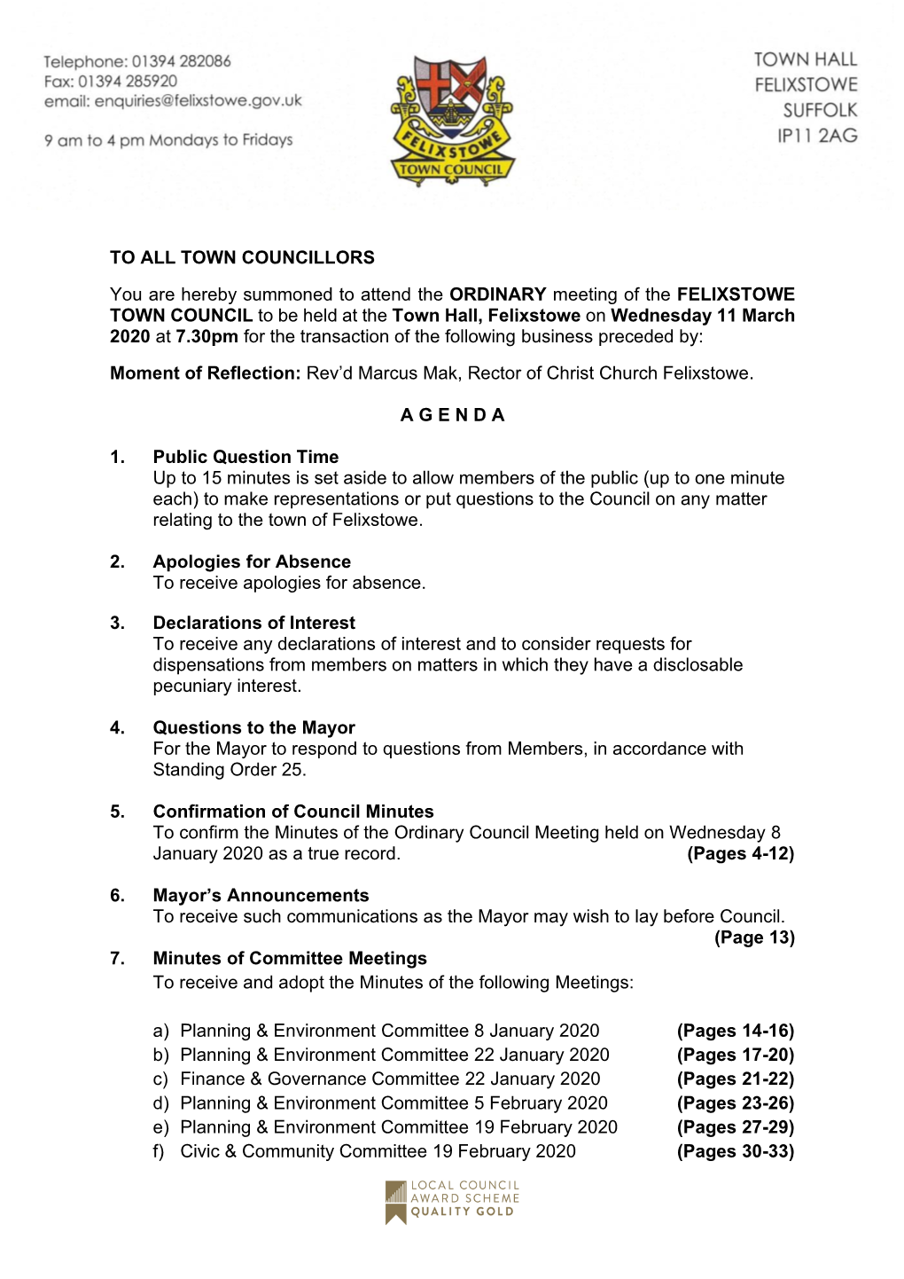 Ordinary Council 11 March 2020 Agenda