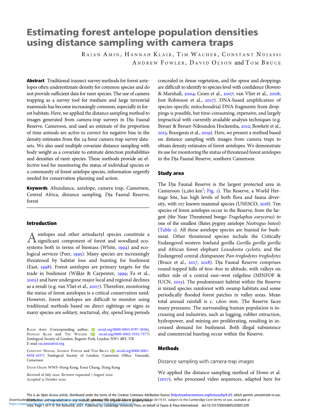 Estimating Forest Antelope Population Densities Using Distance Sampling with Camera Traps