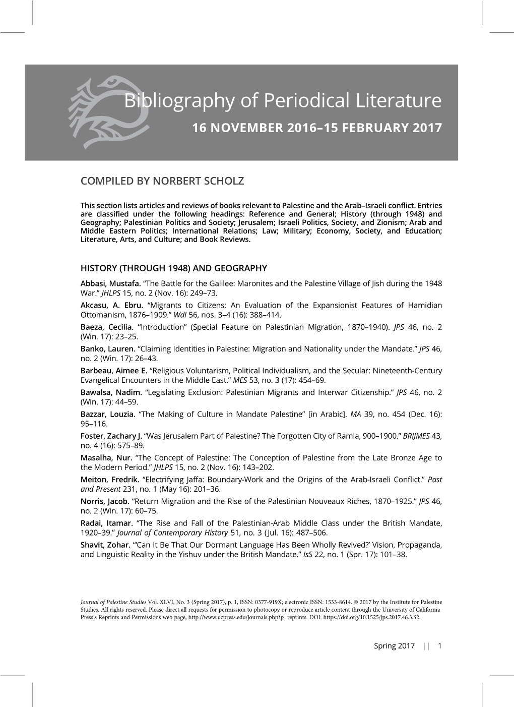 Bibliography of Periodical Literature 16 NOVEMBER 2016–15 FEBRUARY 2017