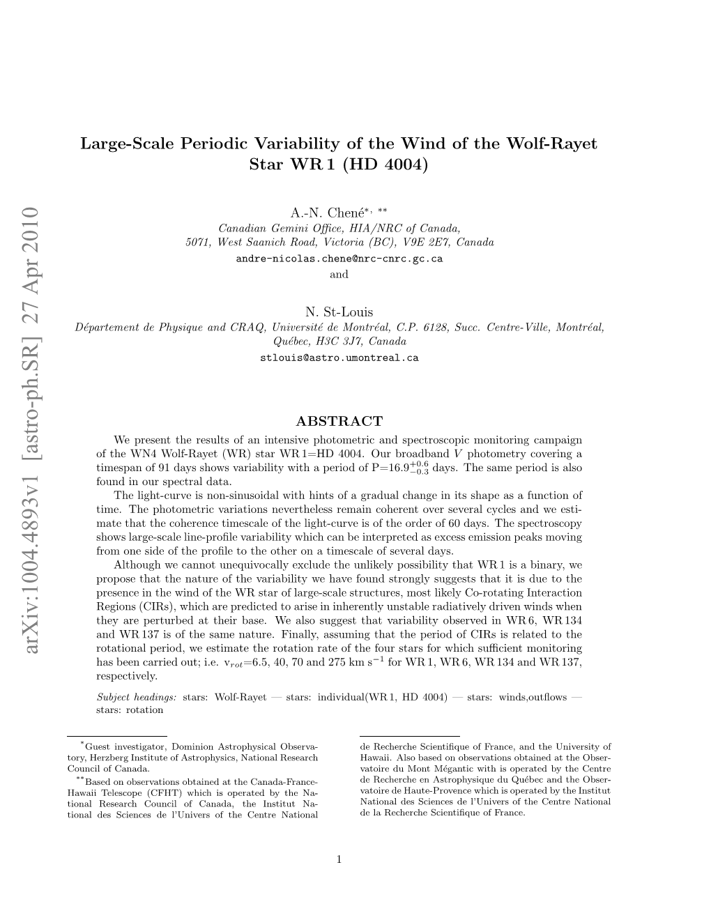 Arxiv:1004.4893V1 [Astro-Ph.SR] 27 Apr 2010 Oni Fcanada