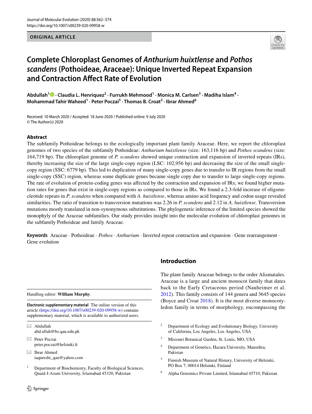 Complete Chloroplast Genomes of Anthurium Huixtlense and Pothos