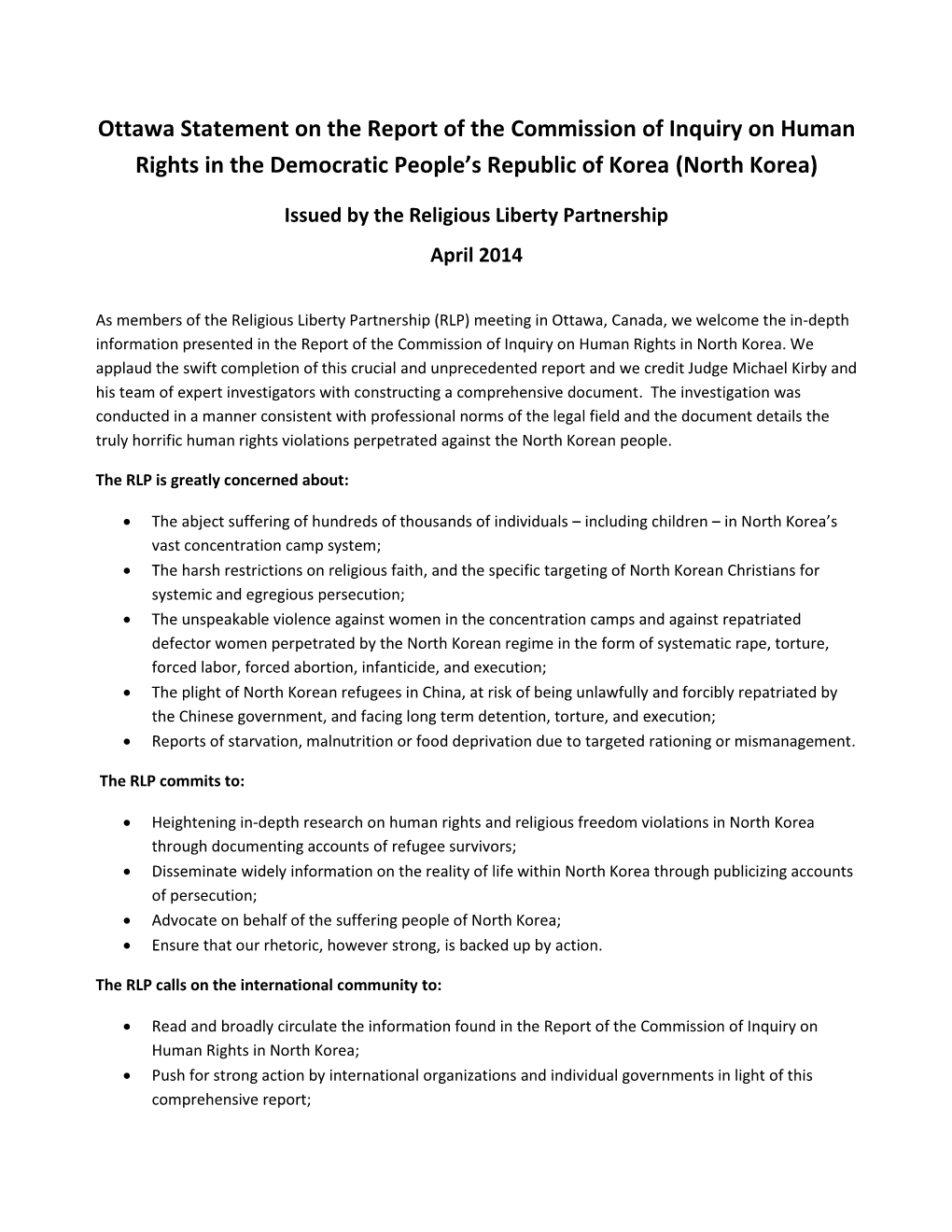 RLP Statement on North Korea