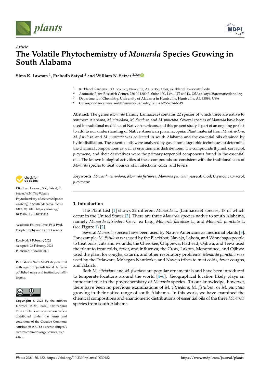 The Volatile Phytochemistry of Monarda Species Growing in South Alabama