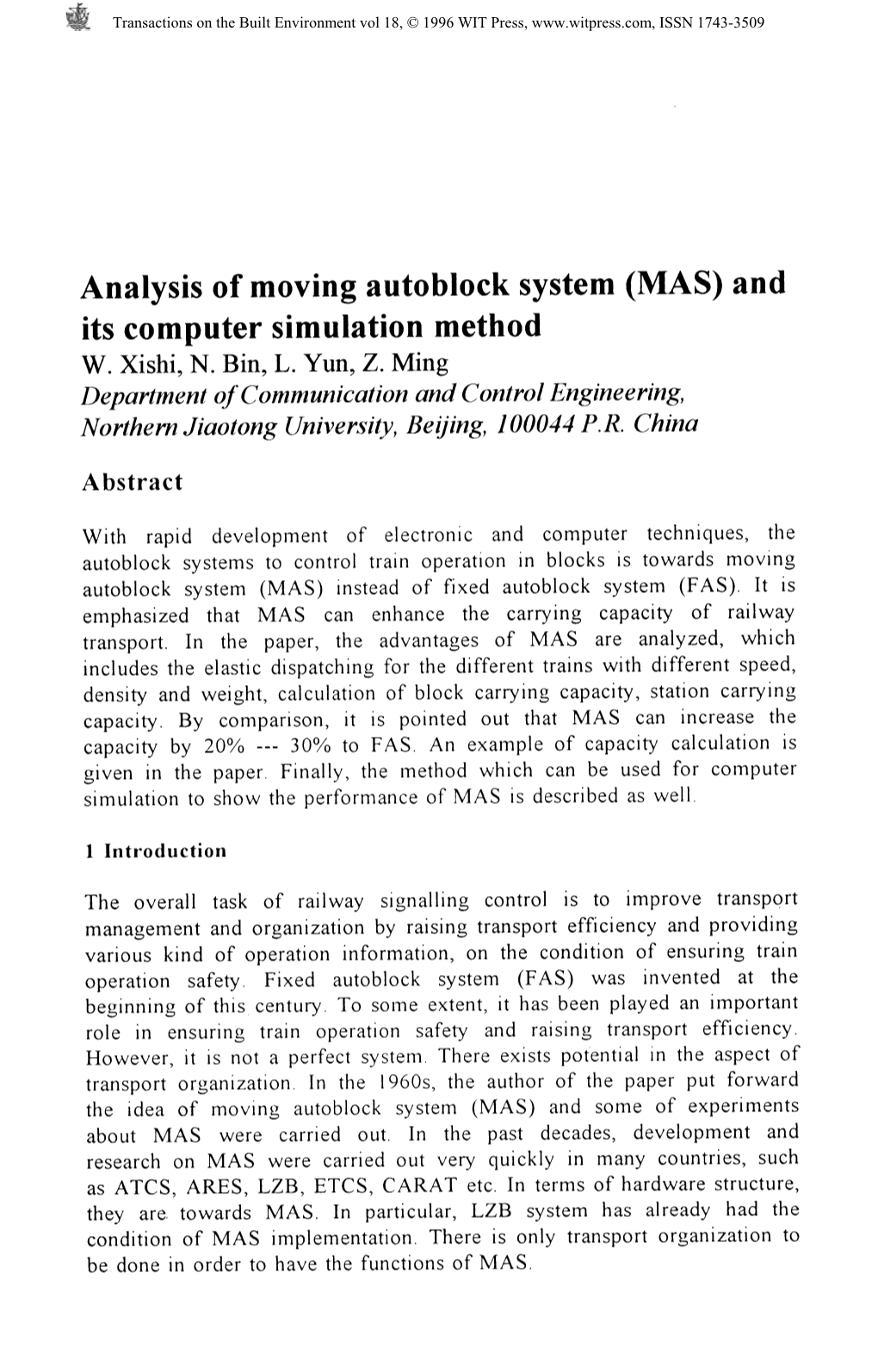 Analysis of Moving Autoblock System (MAS) and Its Computer Simulation Method