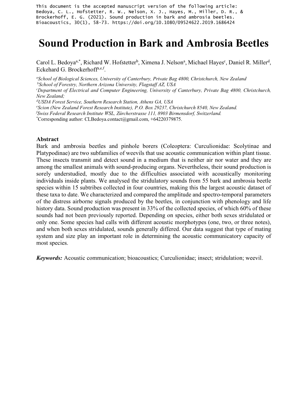 Sound Production in Bark and Ambrosia Beetles