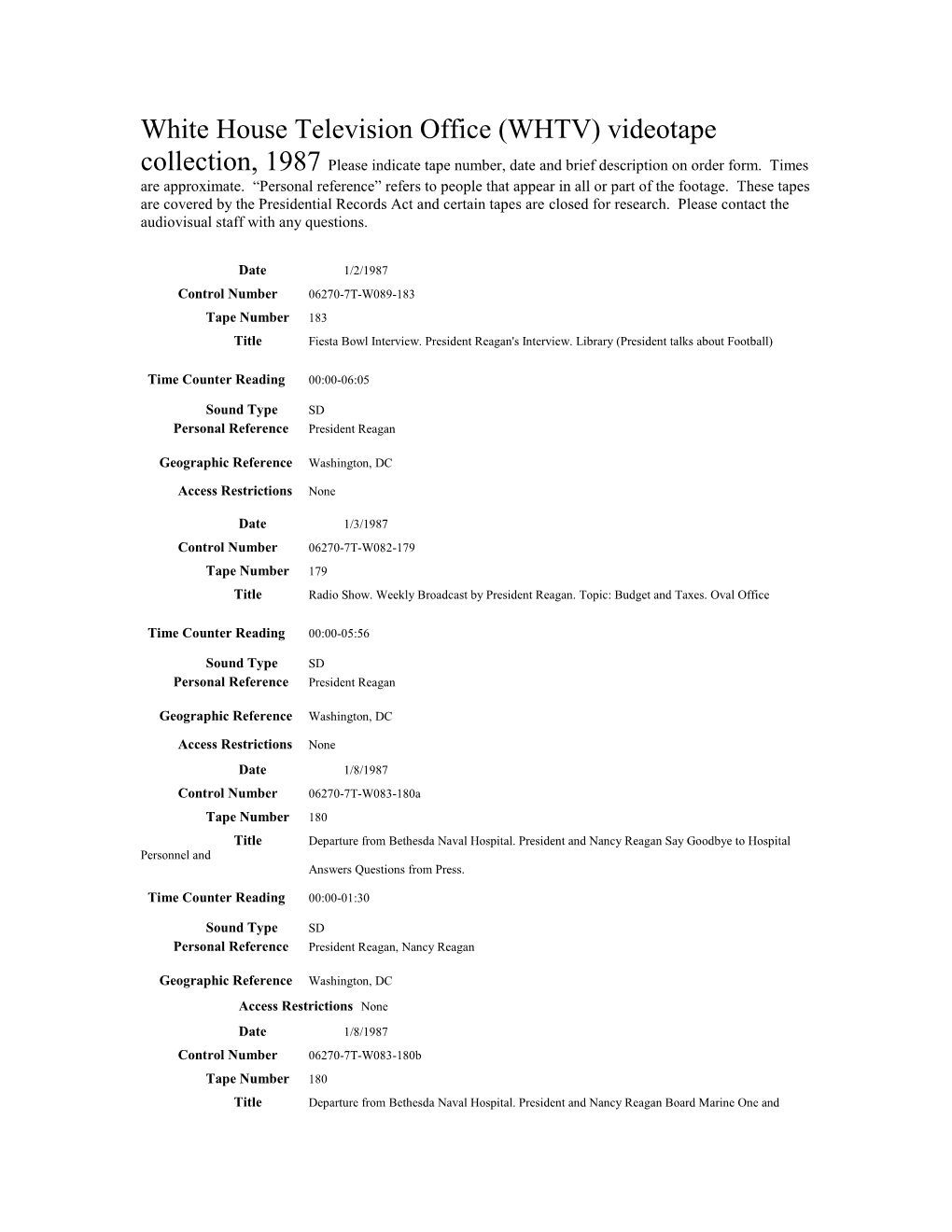 White House Television Office (WHTV) Videotape Collection, 1987 Please Indicate Tape Number, Date and Brief Description on Order Form