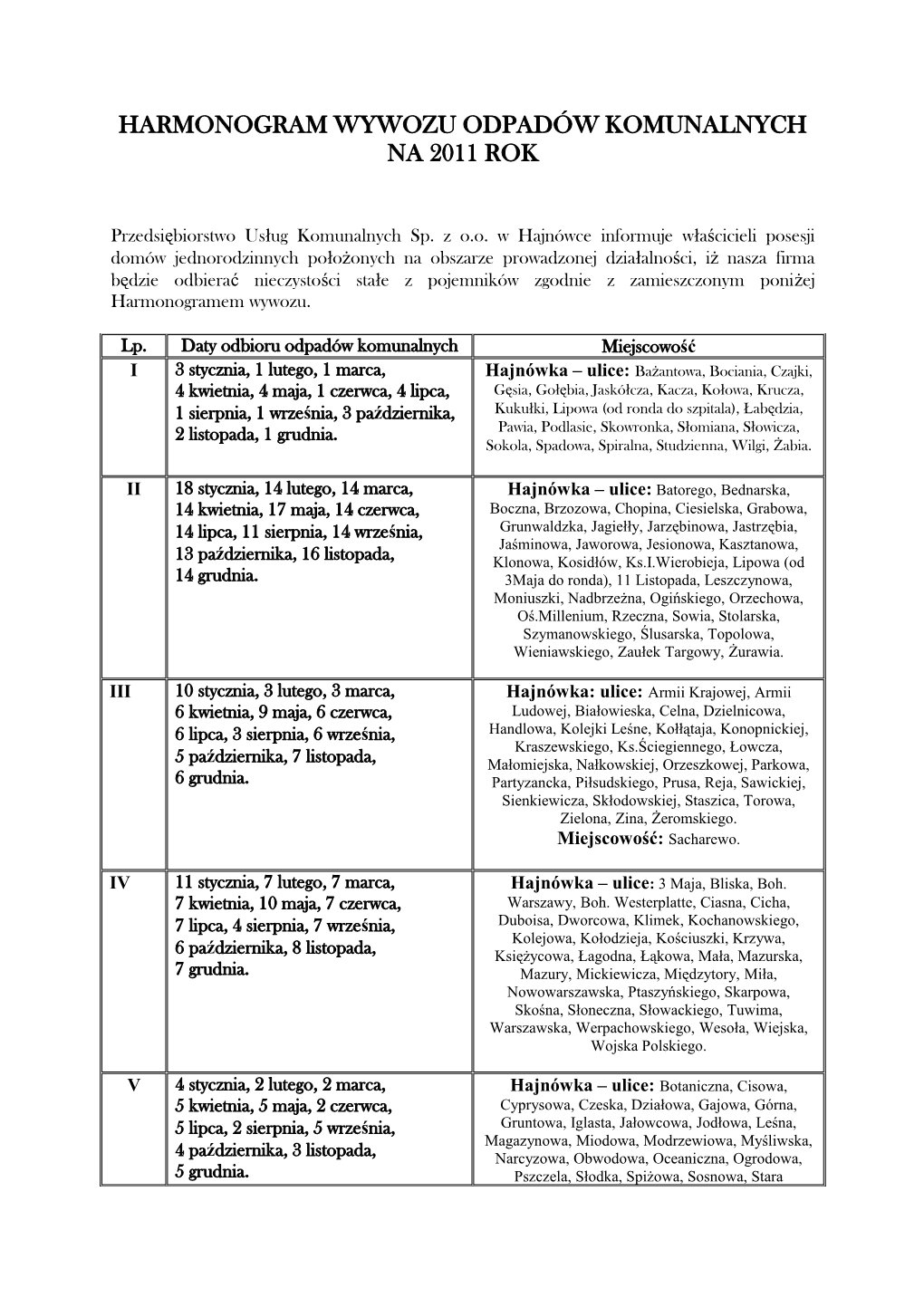 Harmonogram Wywozu Odpadów Komunalnych Na 2011 Rok