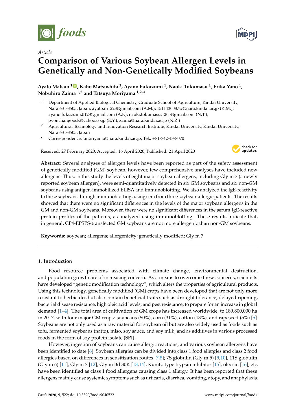 Comparison of Various Soybean Allergen Levels in Genetically and Non-Genetically Modiﬁed Soybeans