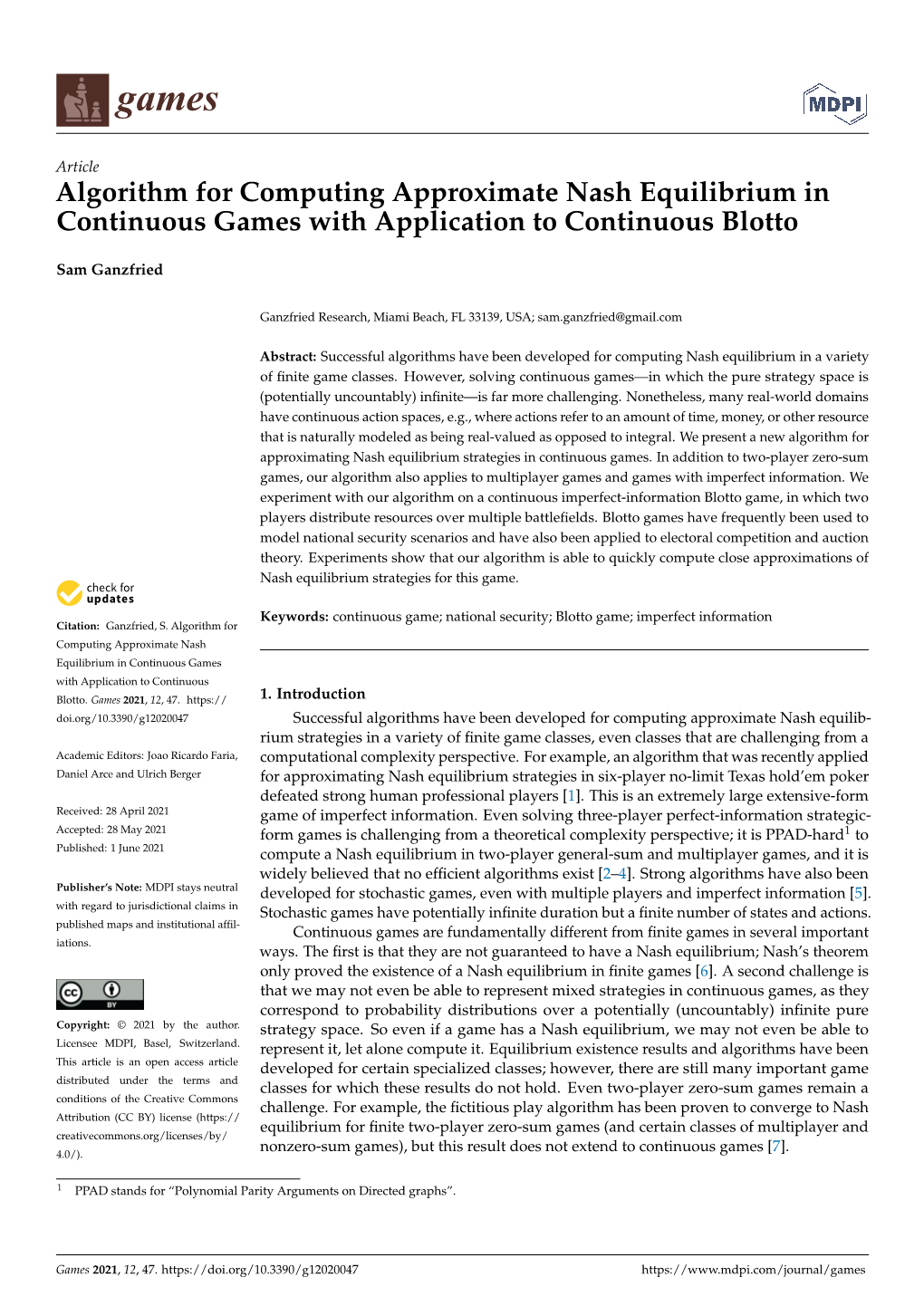 Algorithm for Computing Approximate Nash Equilibrium in Continuous Games with Application to Continuous Blotto