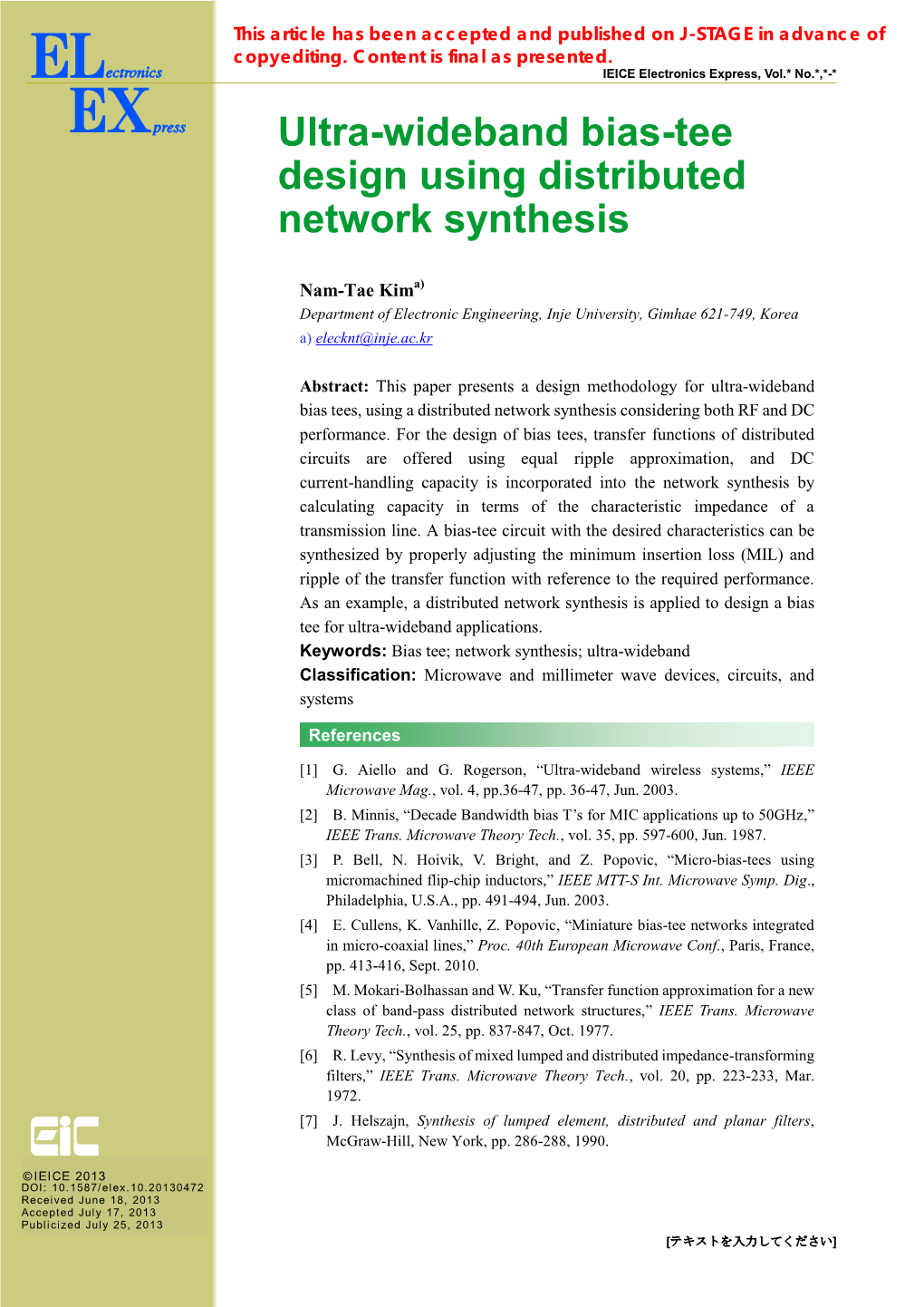 Ultra-Wideband Bias-Tee Design Using Distributed Network Synthesis