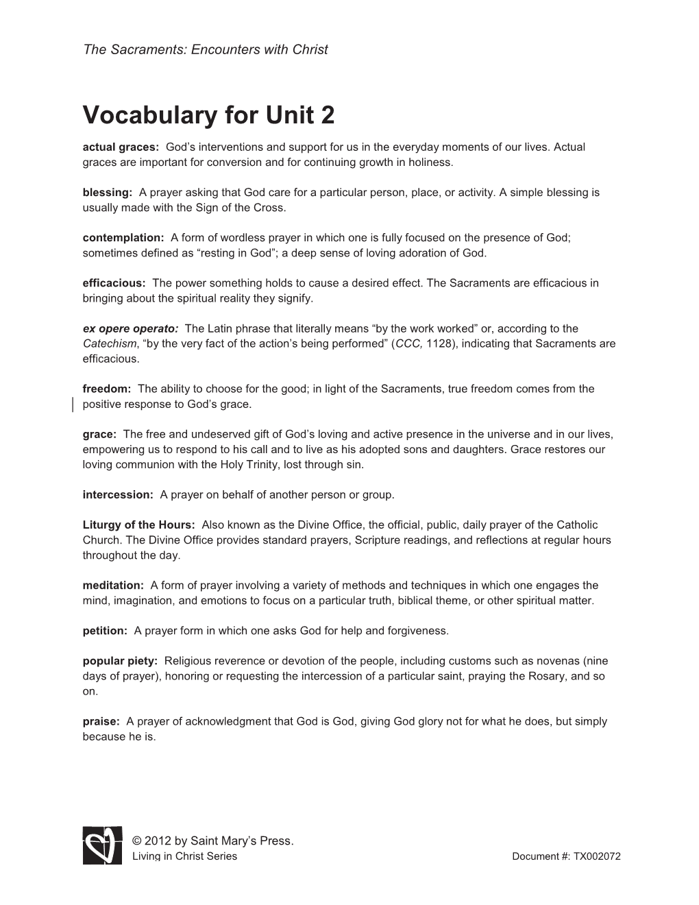 Vocabulary for Unit 2 Actual Graces: God’S Interventions and Support for Us in the Everyday Moments of Our Lives