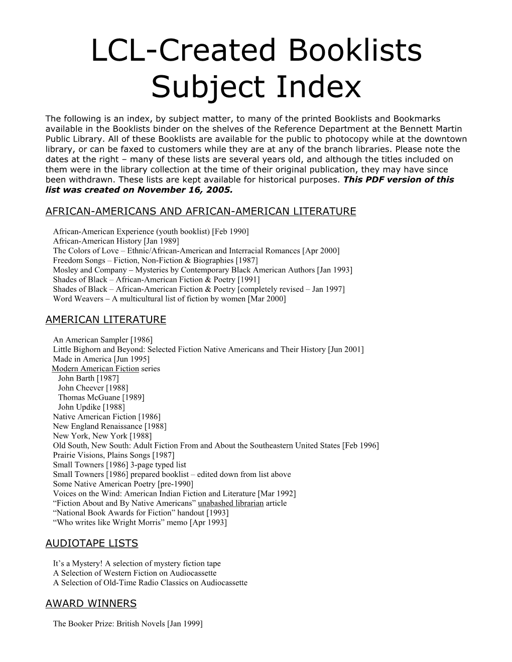LCL Booklist Subject Index
