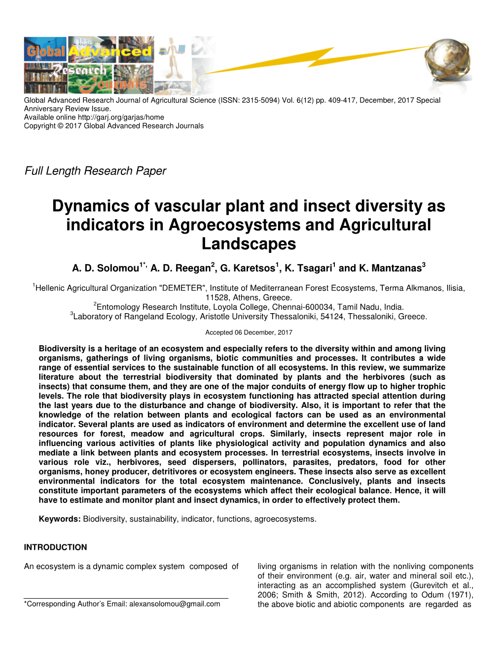 Dynamics of Vascular Plant and Insect Diversity As Indicators in Agroecosystems and Agricultural Landscapes