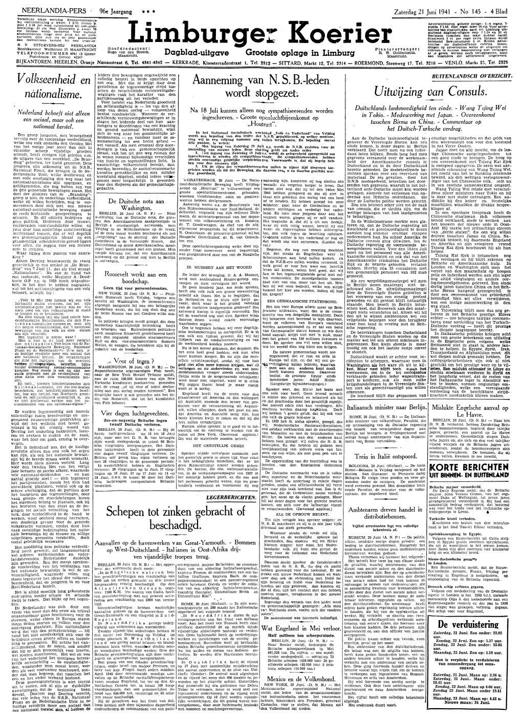 LIMBURGER KOERIER VAN ZATERDAG 21 JUNI 1941 OFFICIEELE MEDEDEELINGEN Vergiftigde Taart Ten Geschenke Uit De Pers