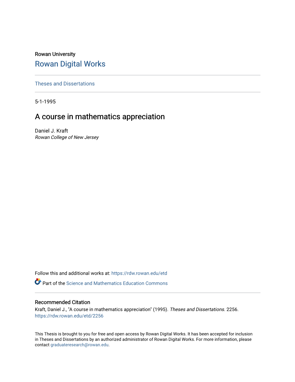 A Course in Mathematics Appreciation