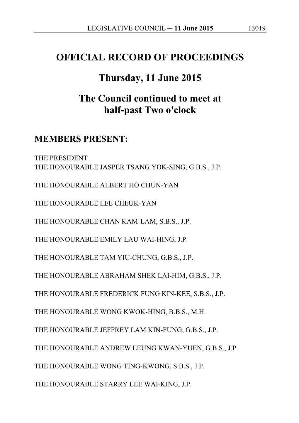 OFFICIAL RECORD of PROCEEDINGS Thursday, 11 June