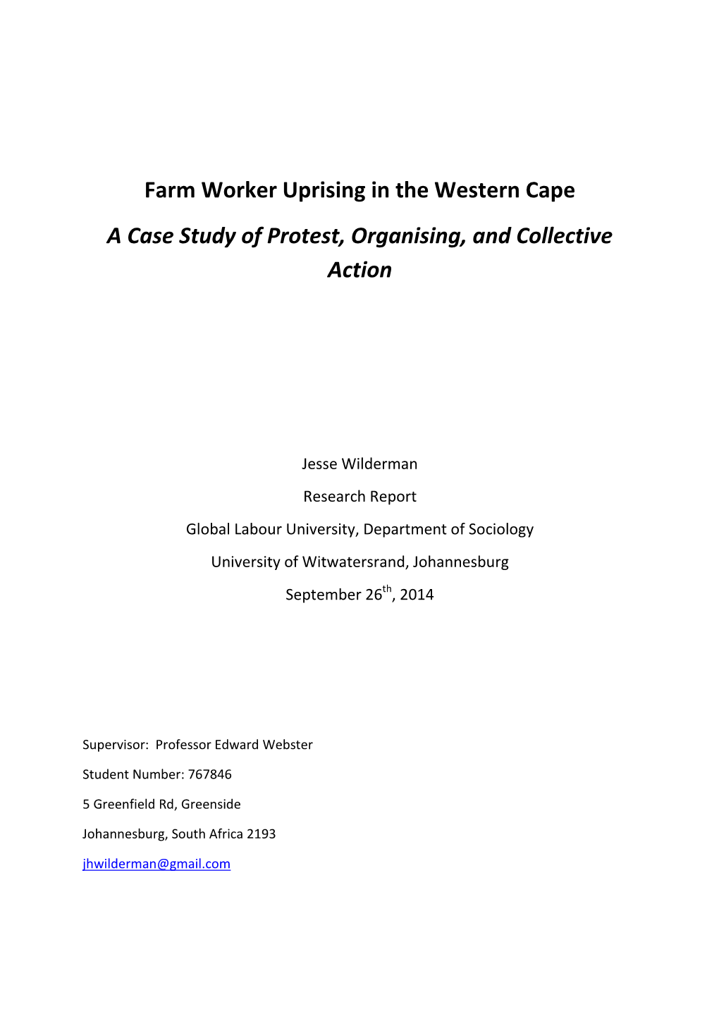 Farm Worker Uprising in the Western Cape a Case Study of Protest, Organising, and Collective Action