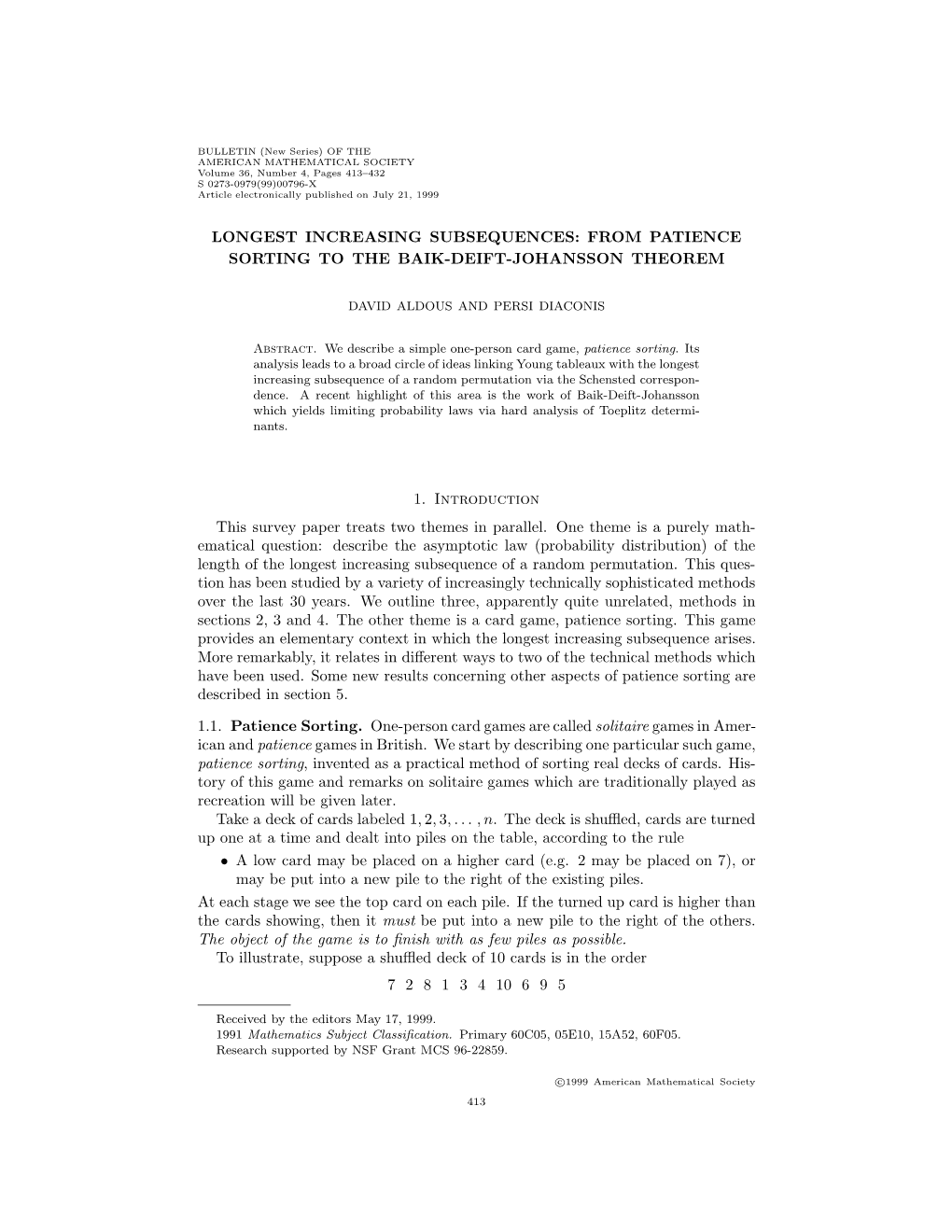 Longest Increasing Subsequences: from Patience Sorting to the Baik-Deift-Johansson Theorem