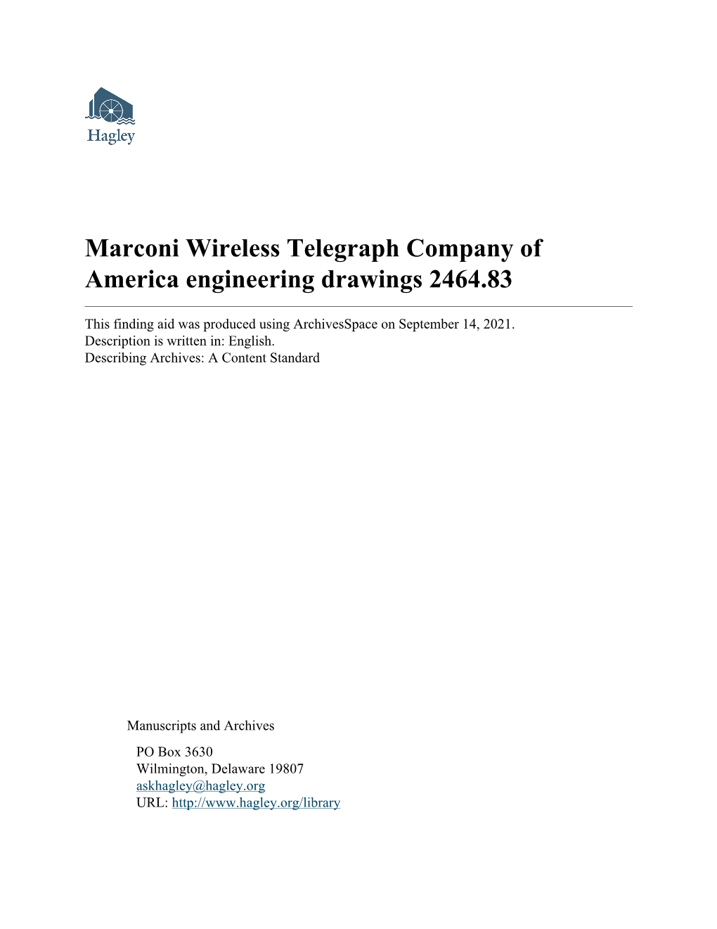 Marconi Wireless Telegraph Company of America Engineering Drawings 2464.83