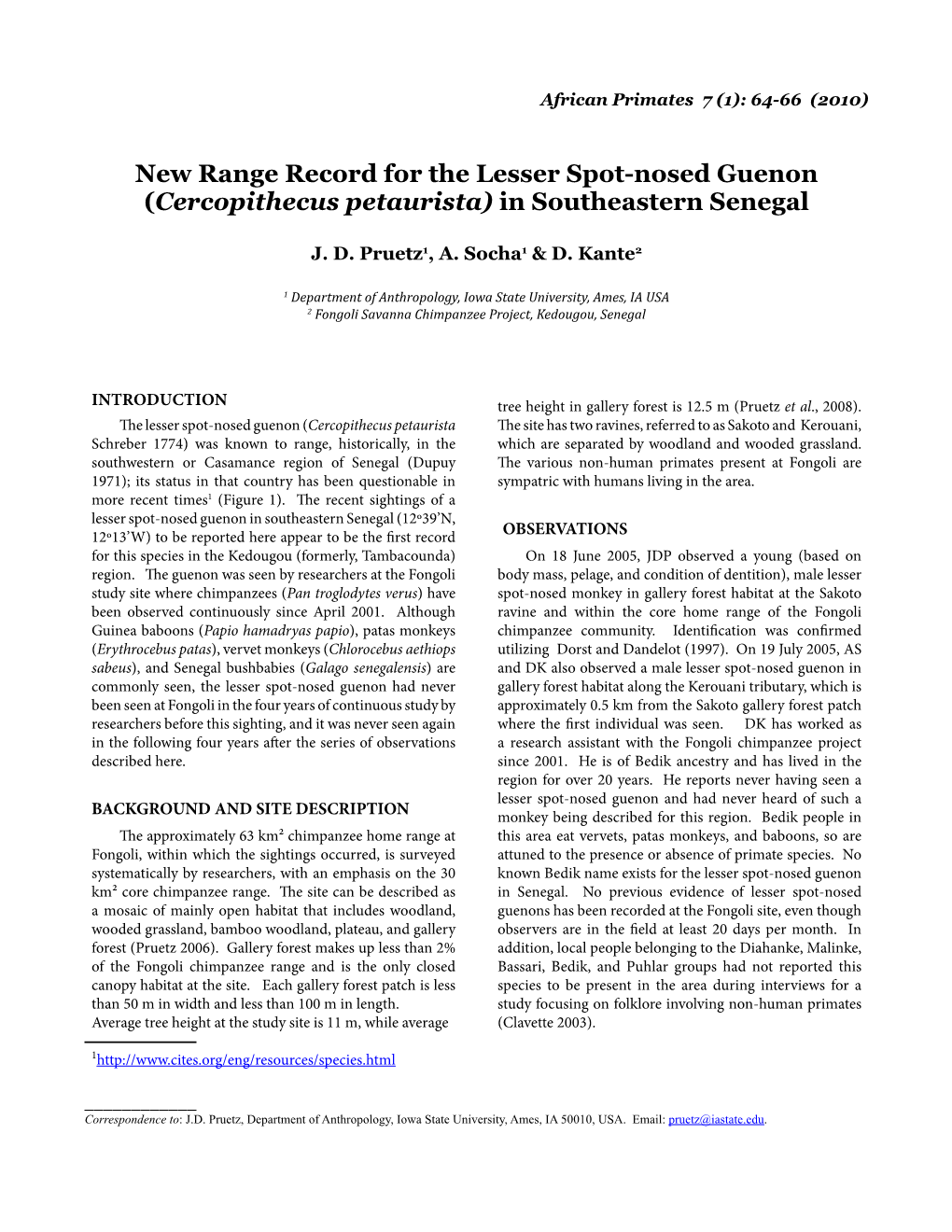 New Range Record for the Lesser Spot-Nosed Guenon (Cercopithecus Petaurista) in Southeastern Senegal