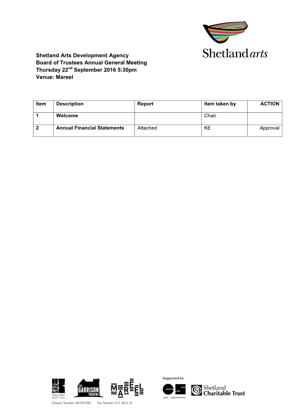 Shetland Arts Development Agency Board of Trustees Annual General Meeting Thursday 22Nd September 2016 5:30Pm Venue: Mareel
