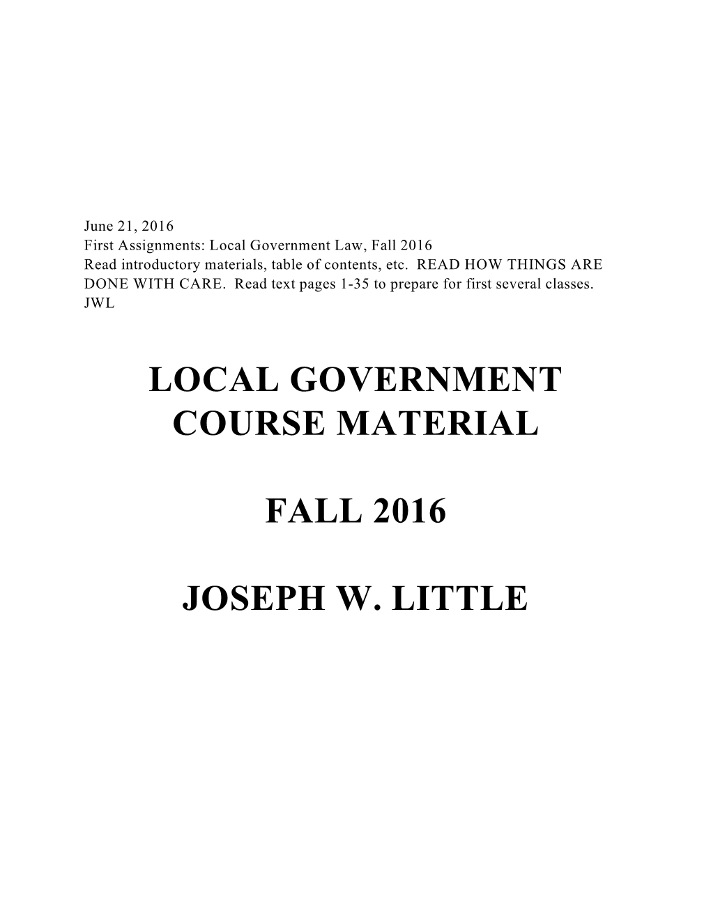 Local Government Course Material Fall 2016 Joseph W