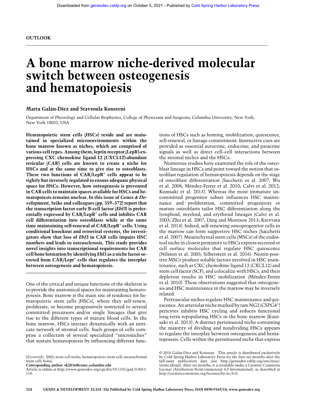 A Bone Marrow Niche-Derived Molecular Switch Between Osteogenesis and Hematopoiesis