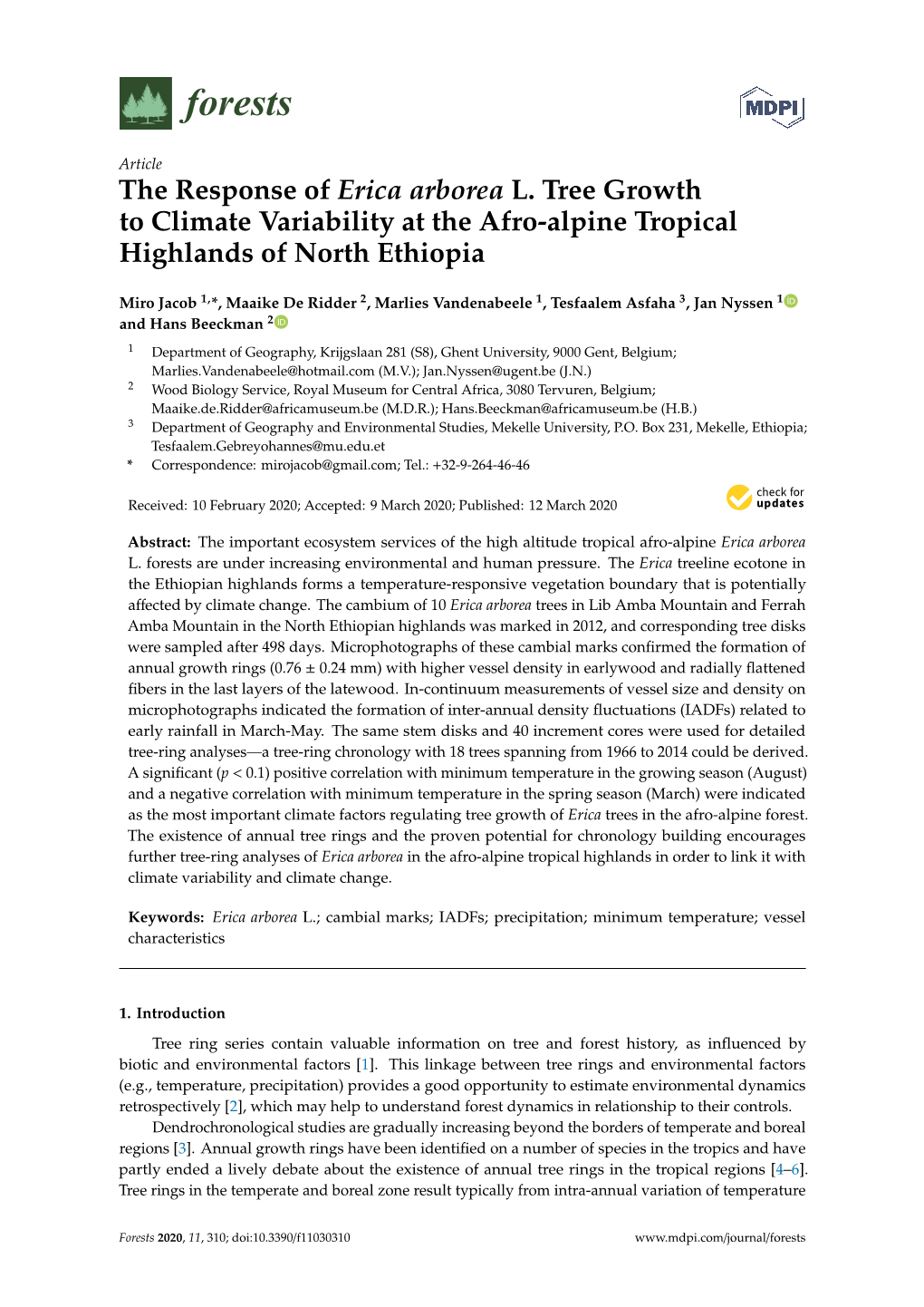 The Response of Erica Arborea L. Tree Growth to Climate Variability at the Afro-Alpine Tropical Highlands of North Ethiopia