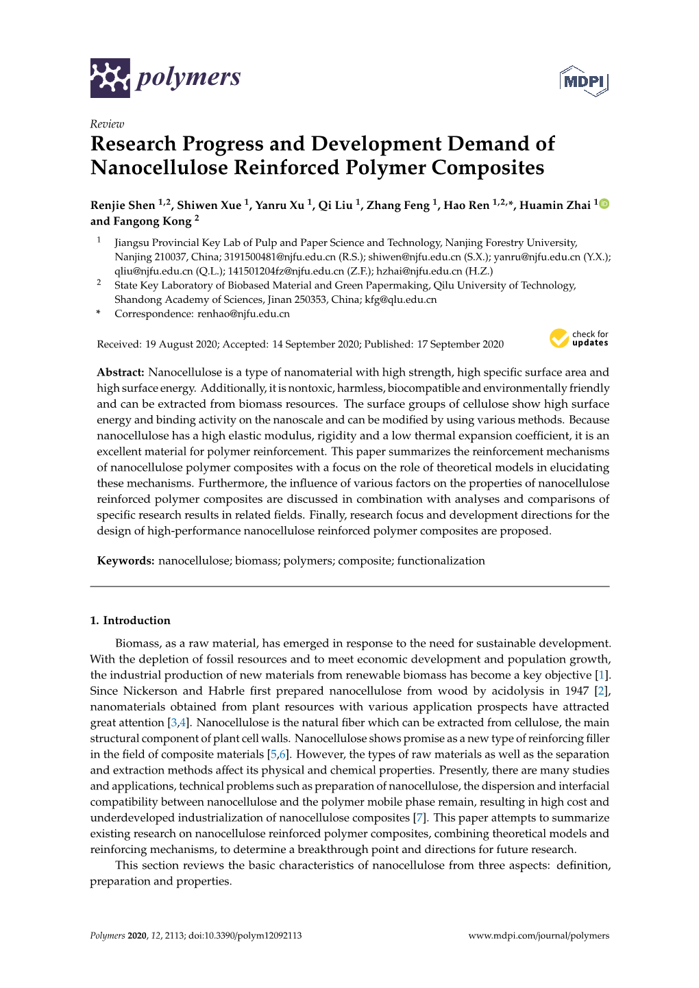 Research Progress and Development Demand of Nanocellulose Reinforced Polymer Composites