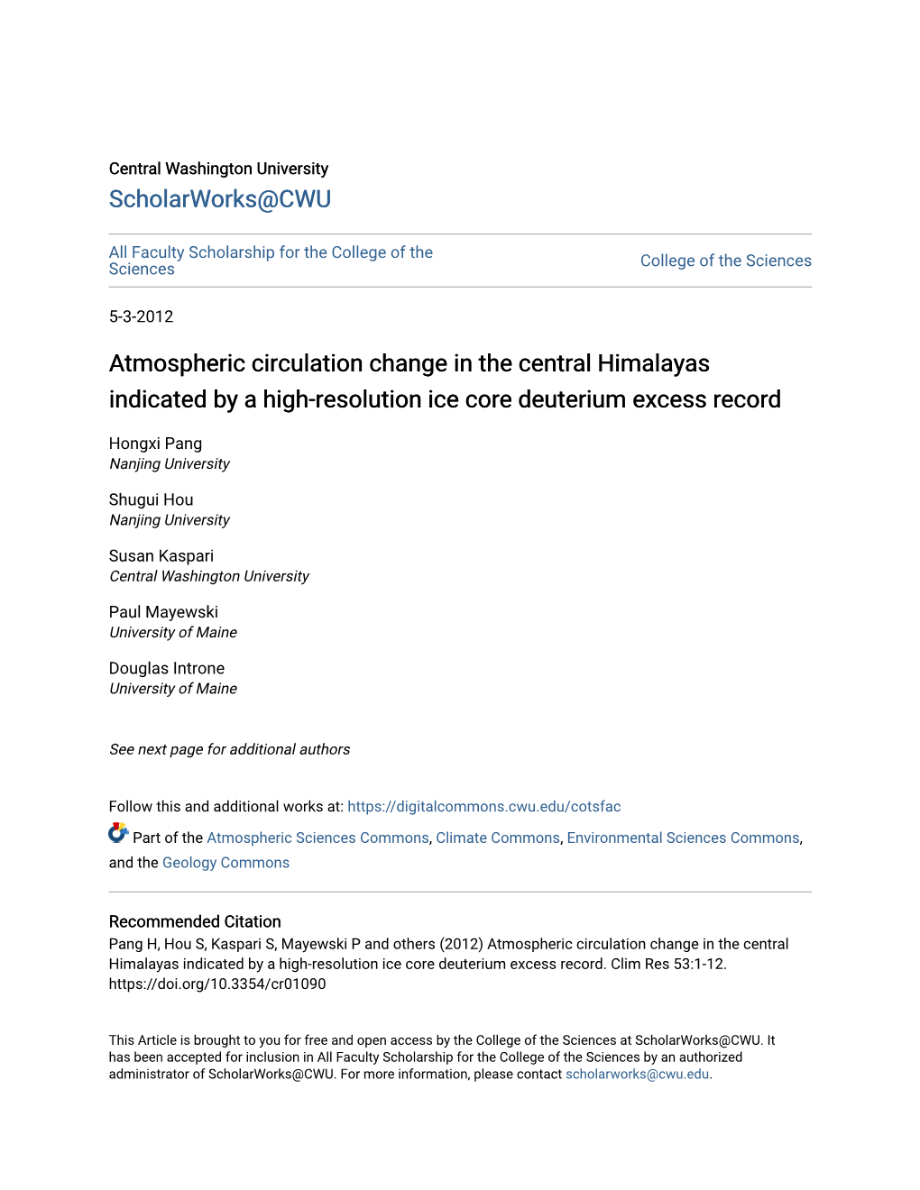 Atmospheric Circulation Change in the Central Himalayas Indicated by a High-Resolution Ice Core Deuterium Excess Record