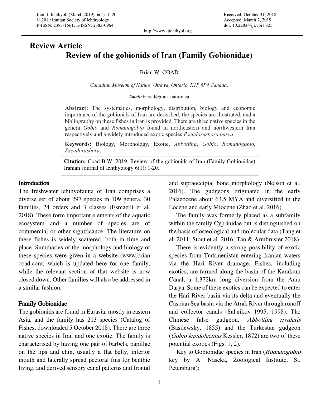 Review Article Review of the Gobionids of Iran (Family Gobionidae)